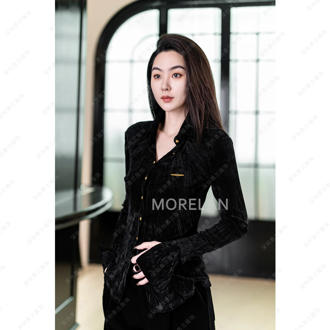 慕兰繁浮秋季新款小香风时尚丝绒翻领丝绒修身显瘦衬衫XM-6826