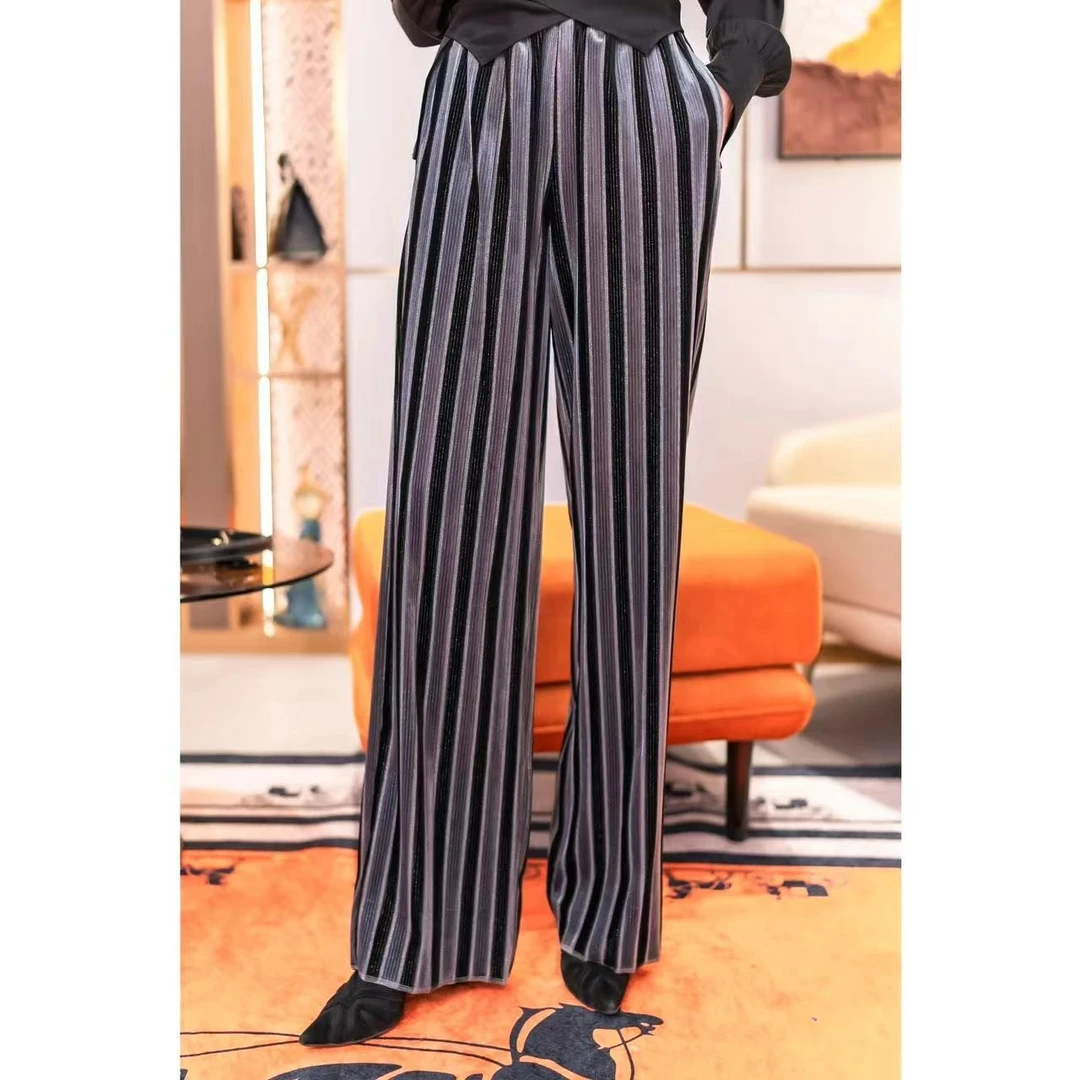繁浮丝绒条纹速腰女士气质时尚金丝显瘦直筒通勤休闲裤ML-7727