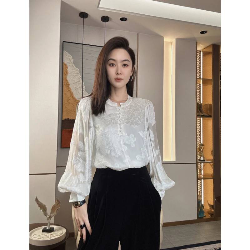 【素色秋意】慕兰繁浮夏季优雅刺绣烧花修身显瘦衬衫DJ-52048