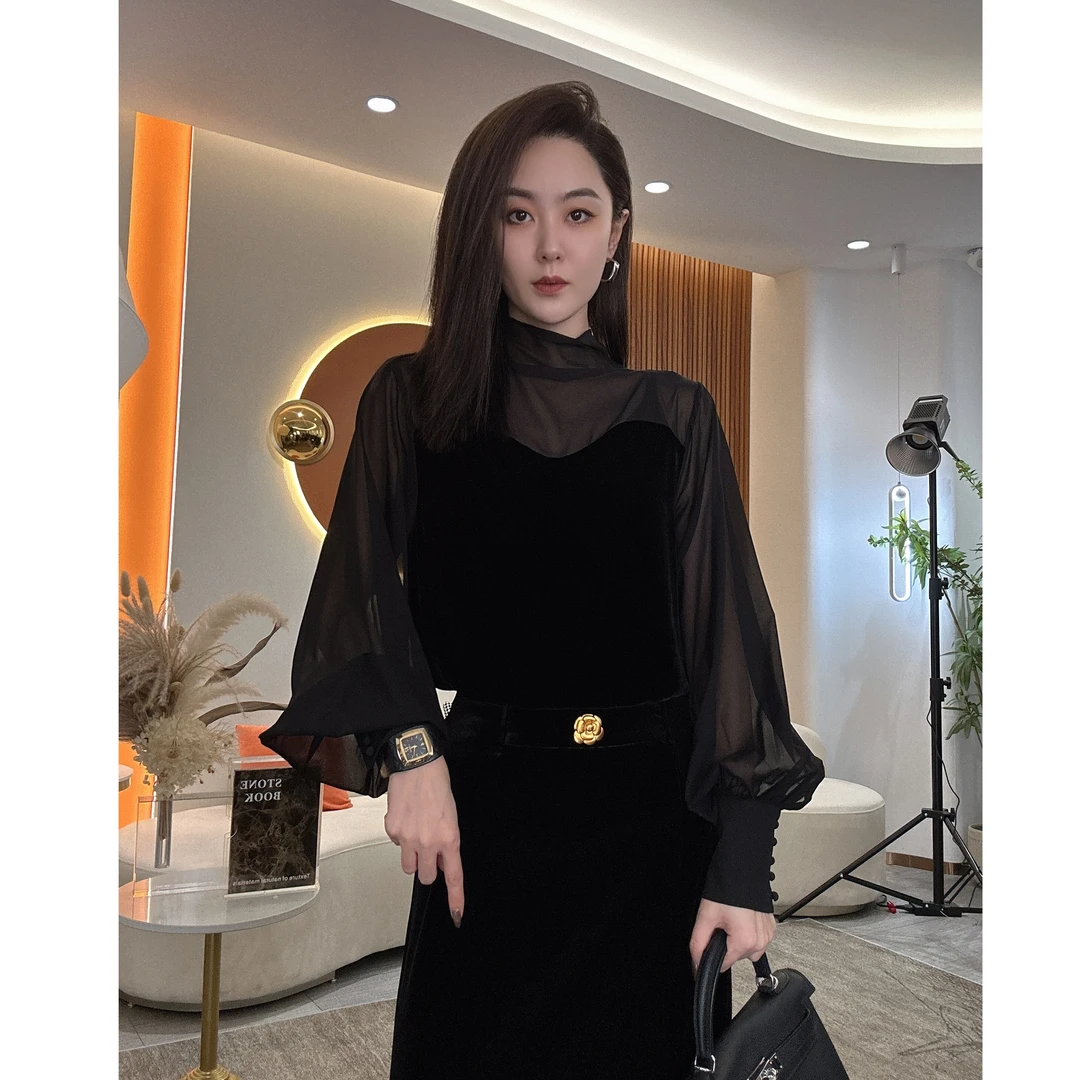 繁浮气质时尚丝绒拼接网纱透视立领长袖上衣ML-238616