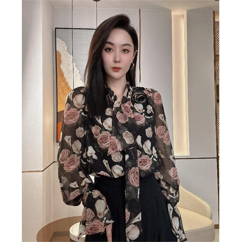 慕兰繁浮夏季新款洋气减龄气质印花玫瑰云丝纱修身衬衫ML-241920