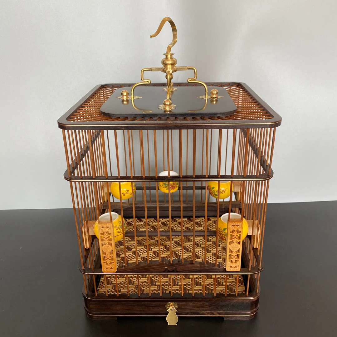 精致纯手工制作高档方形乌木红子贝子绣眼玉鸟方笼