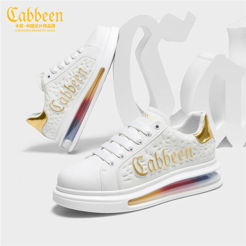 Cabbeen/卡宾时尚镂空气垫板鞋男休闲鞋子男款小白鞋潮流百搭男鞋