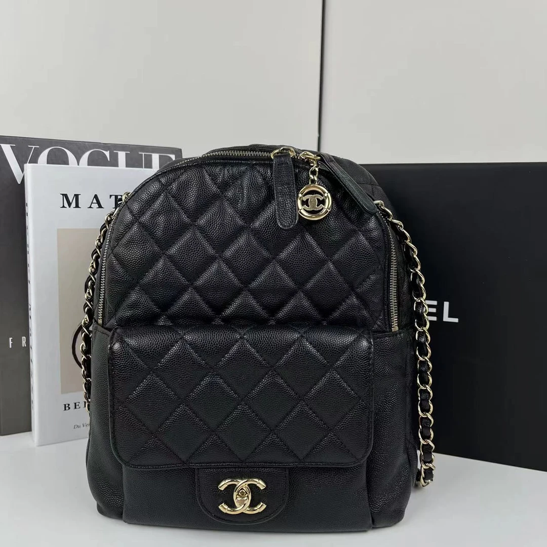 99新 Chanel/香奈儿 双肩包 黑金荔枝牛 中号