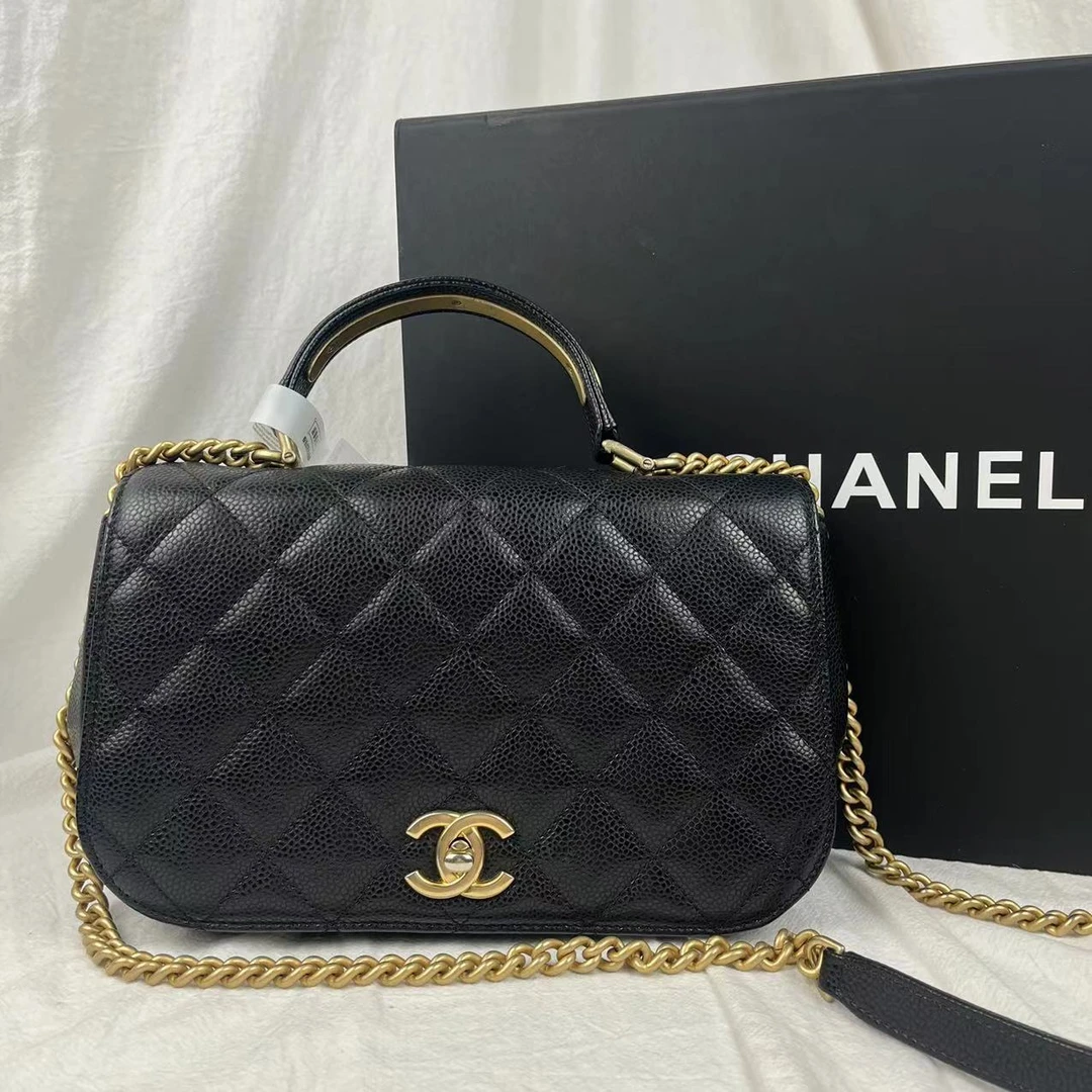 95新 Chanel/香奈儿 黑金荔枝邮差马鞍包