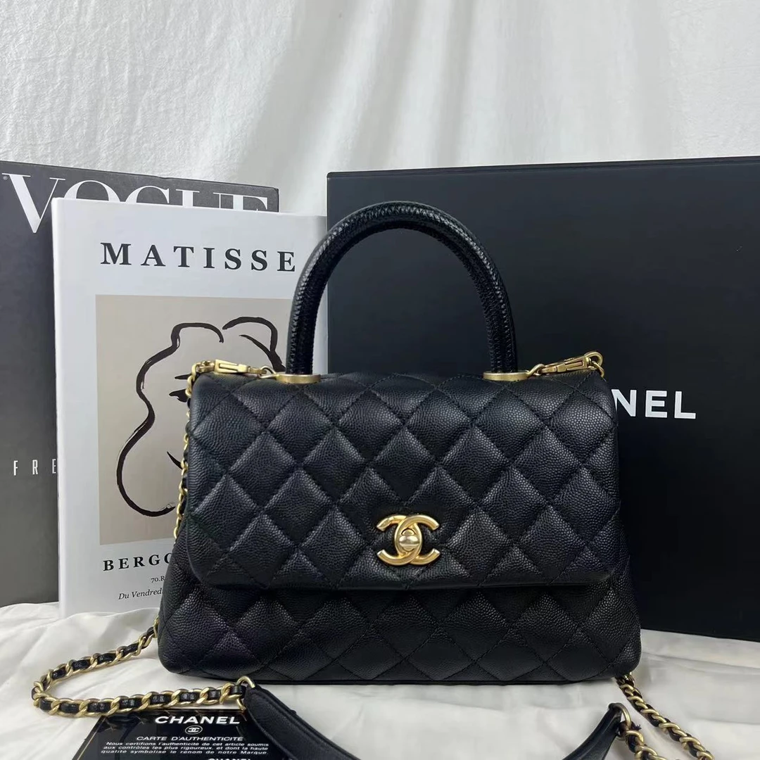 99新 Chanel/香奈儿 coco handle小号黑金荔枝牛