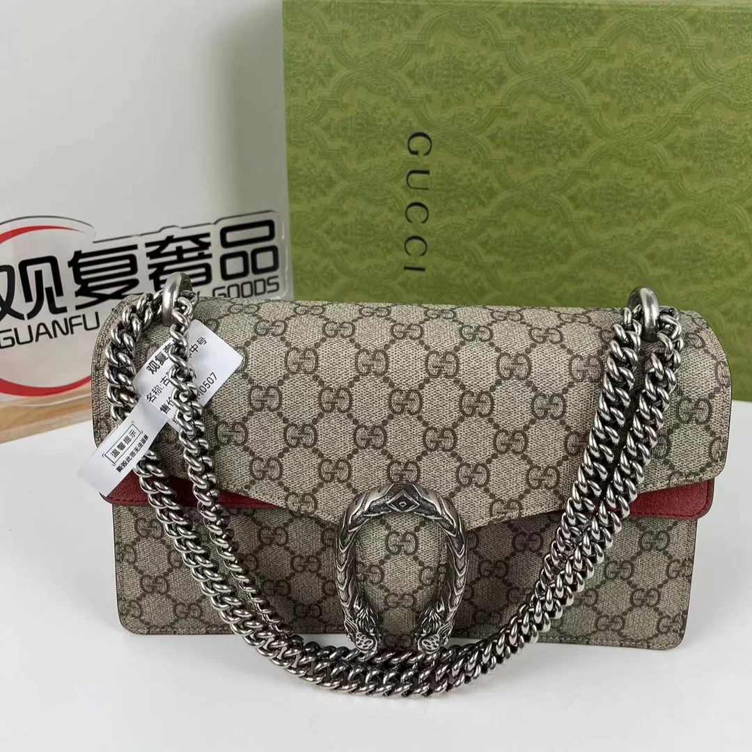 95新 GUCCI/古驰 红色酒神中号 /链条单肩包