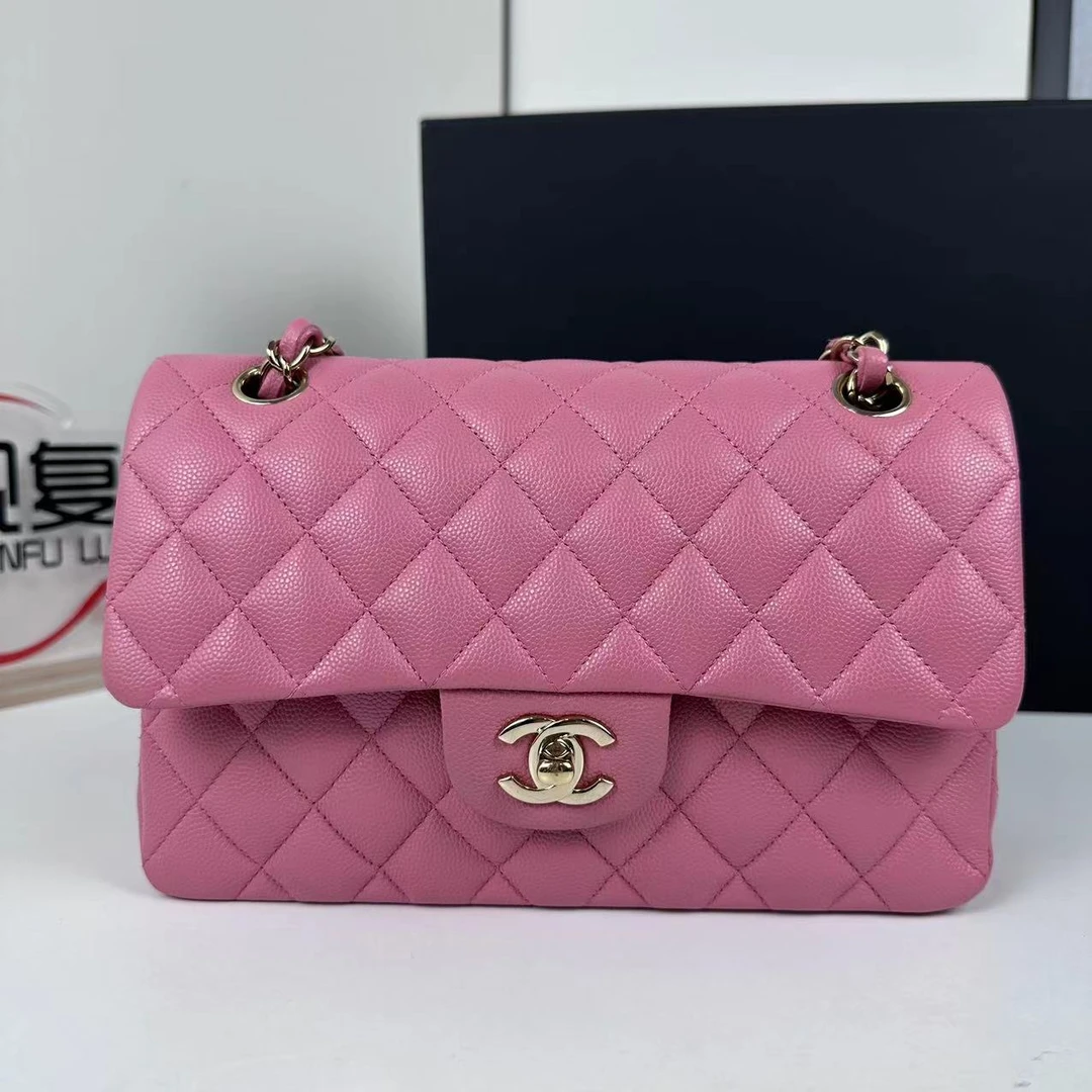 99新 Chanel/香奈儿 粉金cf 荔枝小号 芯片款