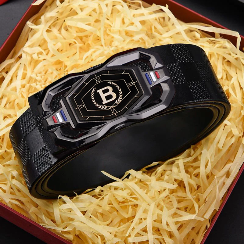 保罗男士新款高档格子纹内穿无牙自动扣商务腰带时尚裤腰带年轻人