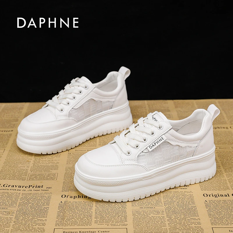达芙妮小白鞋女款2025夏季新款网面透气时尚百搭厚底增高休闲板鞋