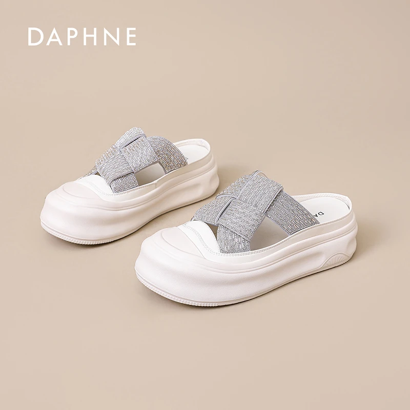 达芙妮包头拖鞋女夏外穿2025新款网红水钻超火百搭厚底休闲凉拖鞋