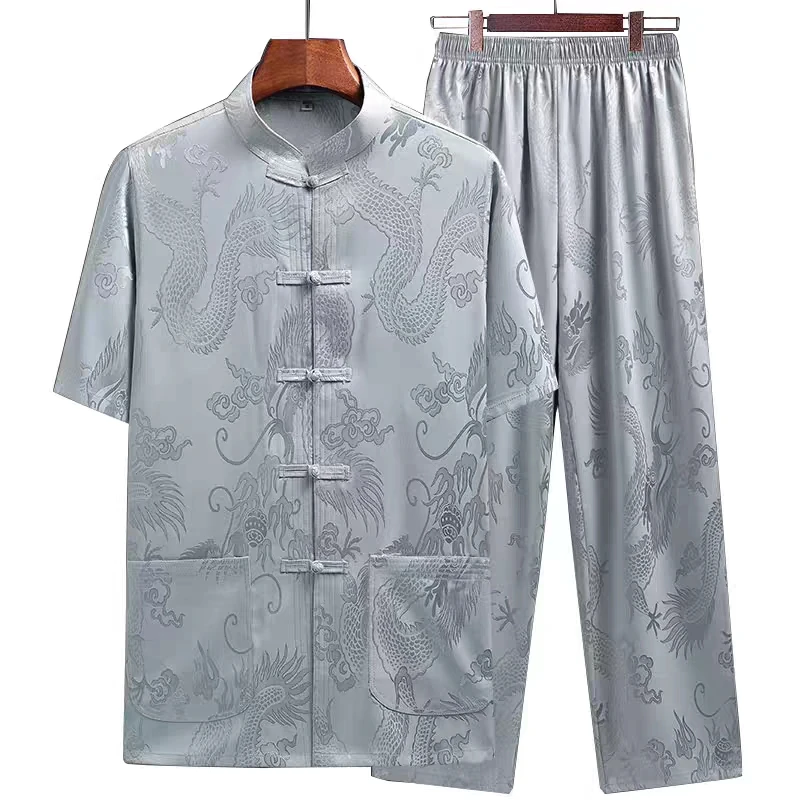 男士运动国风短袖套装中老年爸爸爷爷汉服夏季薄款衣服太极服唐装