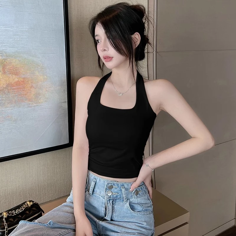 带胸垫夏外穿黑色小吊带背心女内搭打底美背文胸一体抹胸挂脖上衣