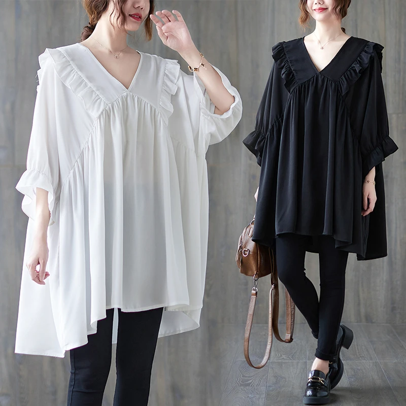 大码女装2025夏季上衣胖mm减龄遮肉娃娃衫显瘦V领荷叶边拼接衬衫