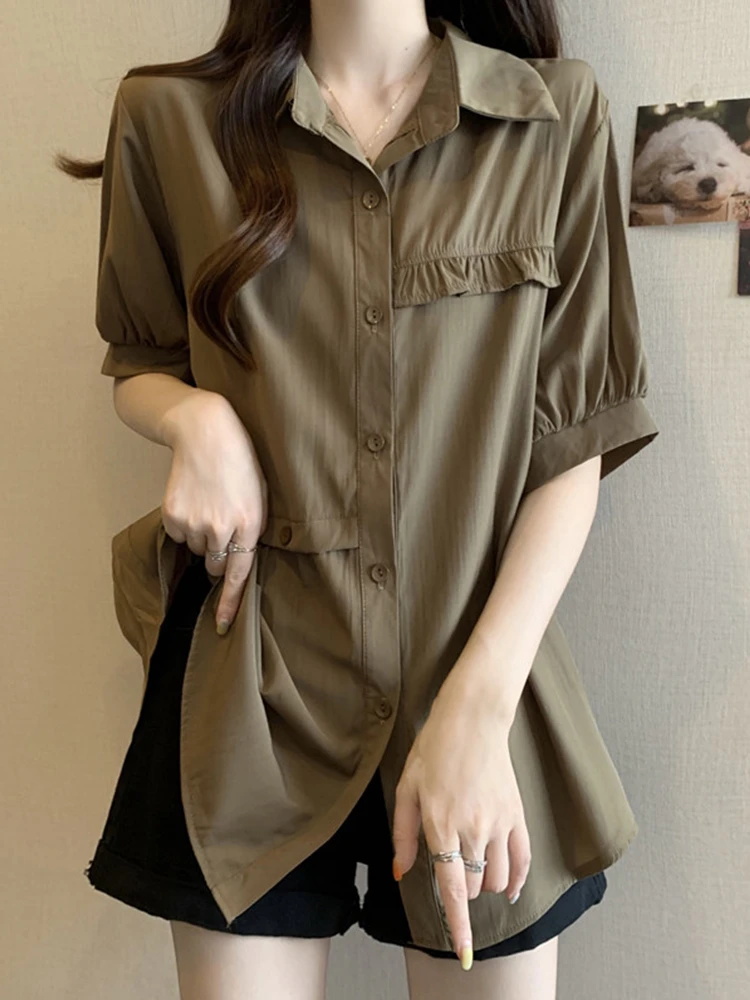 2025夏季大码女装胖mm新款爆款POLO领中长款宽松显瘦短袖衬衫上衣