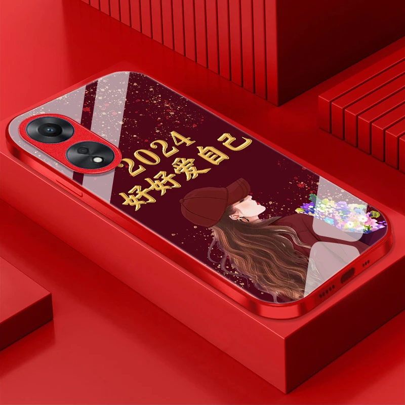 2024好好爱自己OPPOA1活力版手机壳全包玻璃耐脏外壳金属漆红色