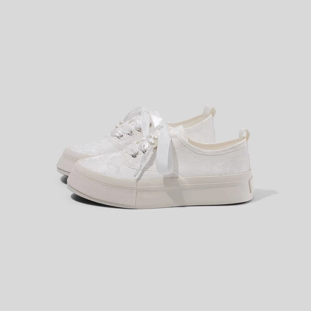 新中式缎面粉色低帮帆布鞋新款透气休闲鞋子小众小白鞋-6395