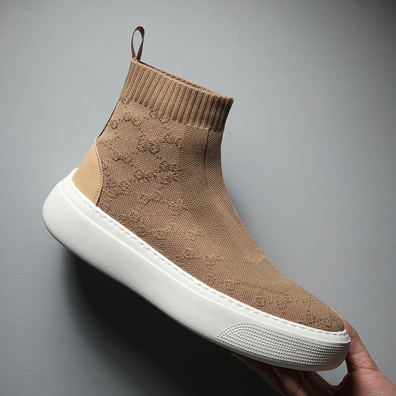 男鞋2025新款高帮袜子鞋夏季透气轻便一脚蹬休闲鞋潮流厚底针织鞋