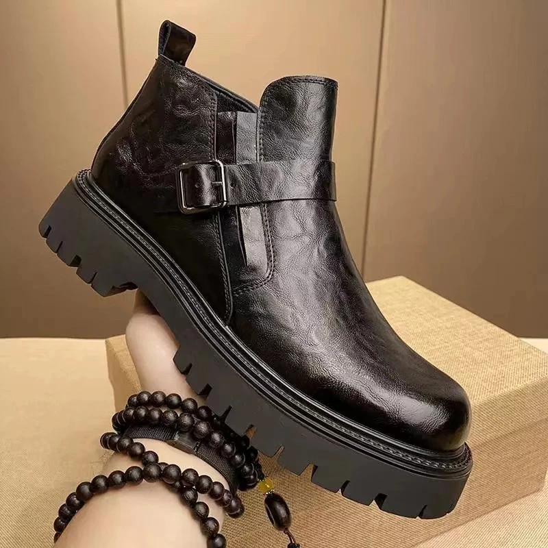 马丁靴男英伦风新款高帮皮鞋冬季加绒厚底2025内增高工装机车靴
