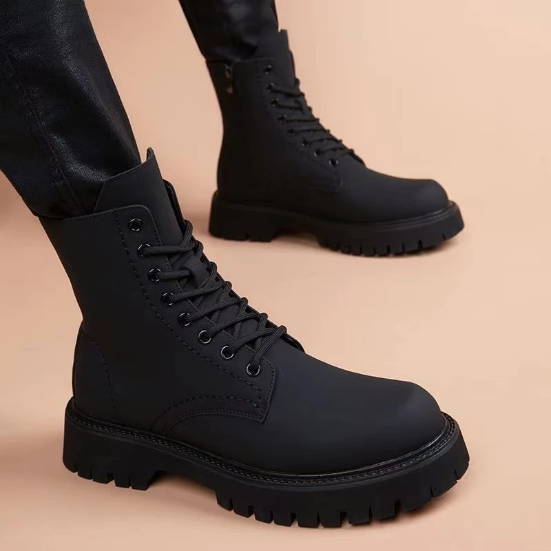 马丁靴男款厚底内增高百搭真皮中筒黑色工装男款鞋靴子高级感皮靴