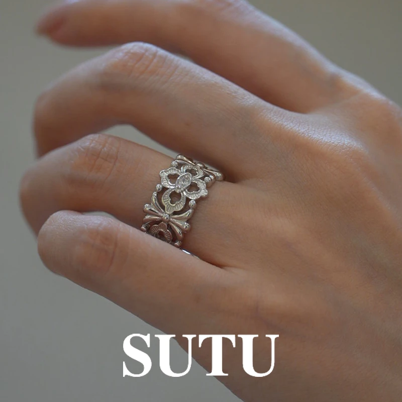 925银合成锆石戒指 镂空雕花戒指新款开口可调节复古戒指高级感