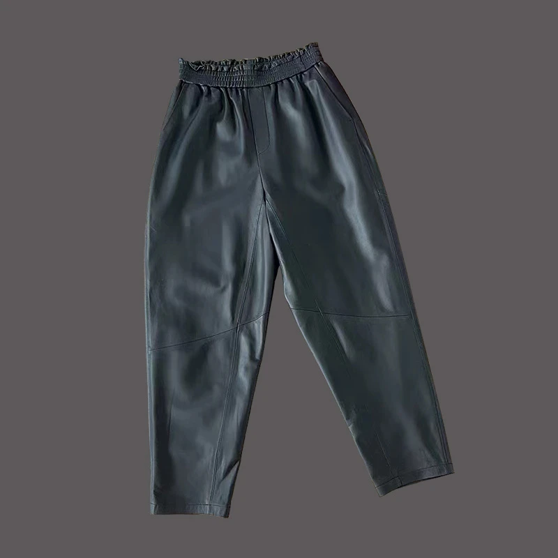 海宁真皮女装秋冬新品女士头层绵羊皮休闲直筒皮裤松紧腰韩版潮流