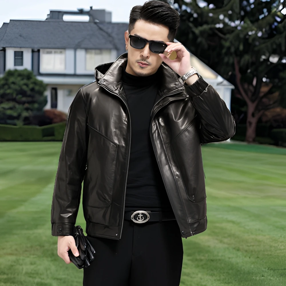 海宁真皮男装头层山羊皮羽绒皮衣可脱卸内胆时尚短款皮夹克外套潮