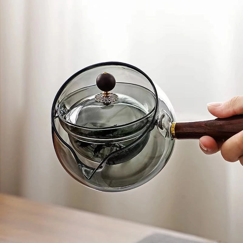 高硼硅烟灰色玻璃耐热手工锤纹木把360度旋转逍遥壶耐热可过滤
