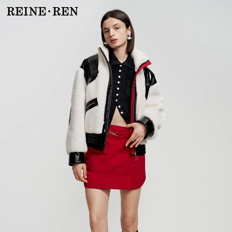 REINEREN设计师任茜秋冬新款黑白拼接毛绒外套