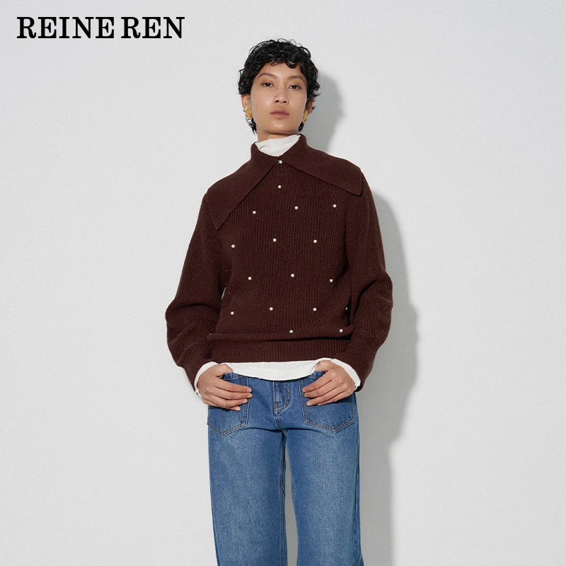 REINEREN设计师任茜秋冬新品珍珠翻领羊毛混纺毛衣