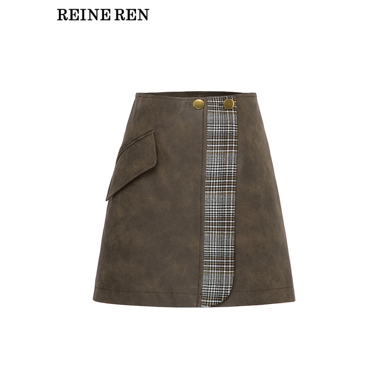 静奢老钱风REINEREN设计师任茜秋冬新款人造皮革拼接半裙