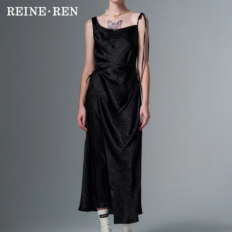 REINEREN设计师任茜春夏款黑色解构式醋酸吊带连衣裙气质显瘦