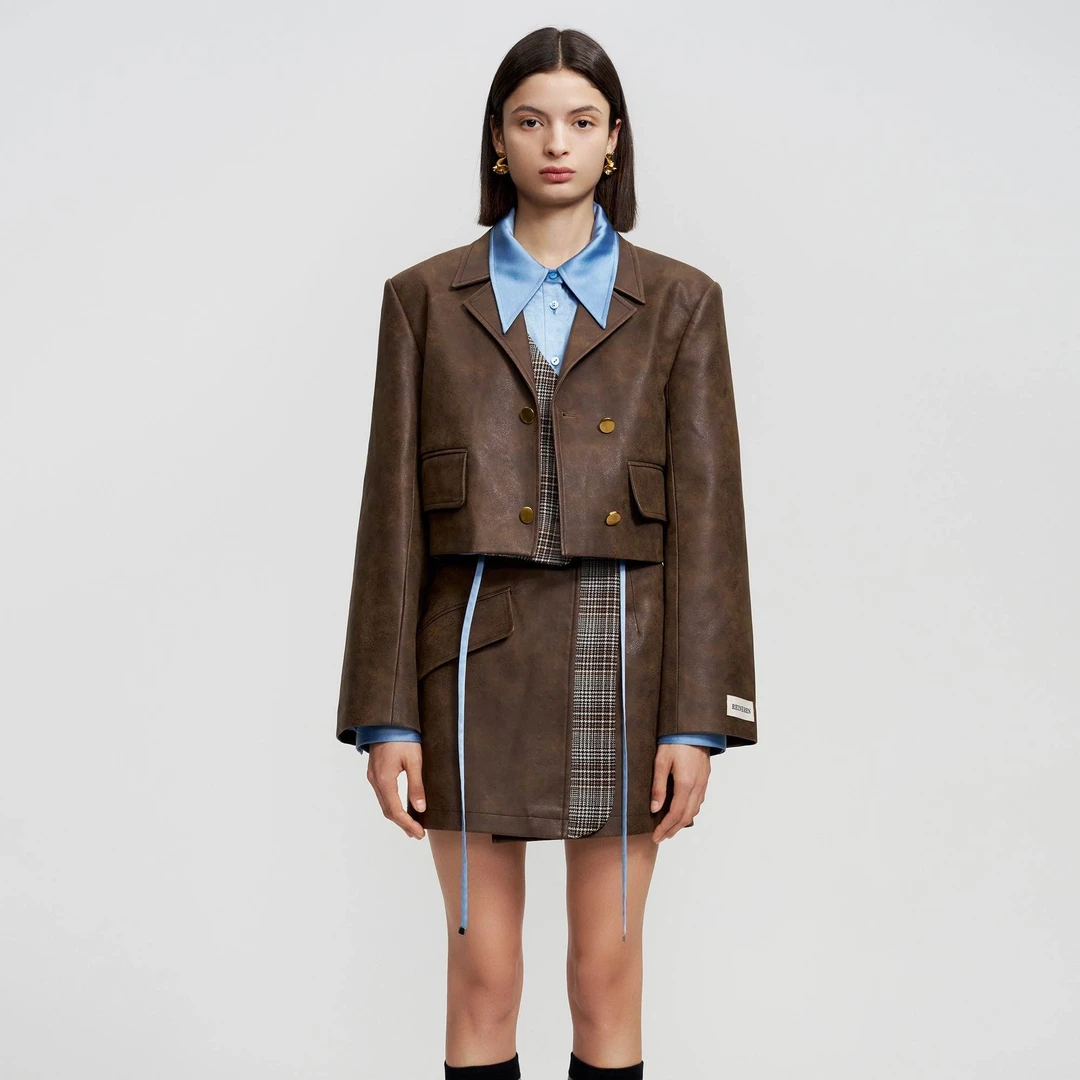 静奢老钱风REINEREN设计师任茜秋冬新款拼接皮革箱型短外套