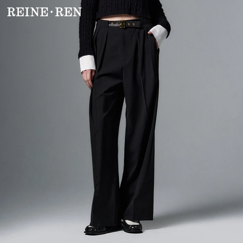 REINEREN设计师任茜2024春夏款脚口条纹翻边羊毛精仿直筒阔腿西裤