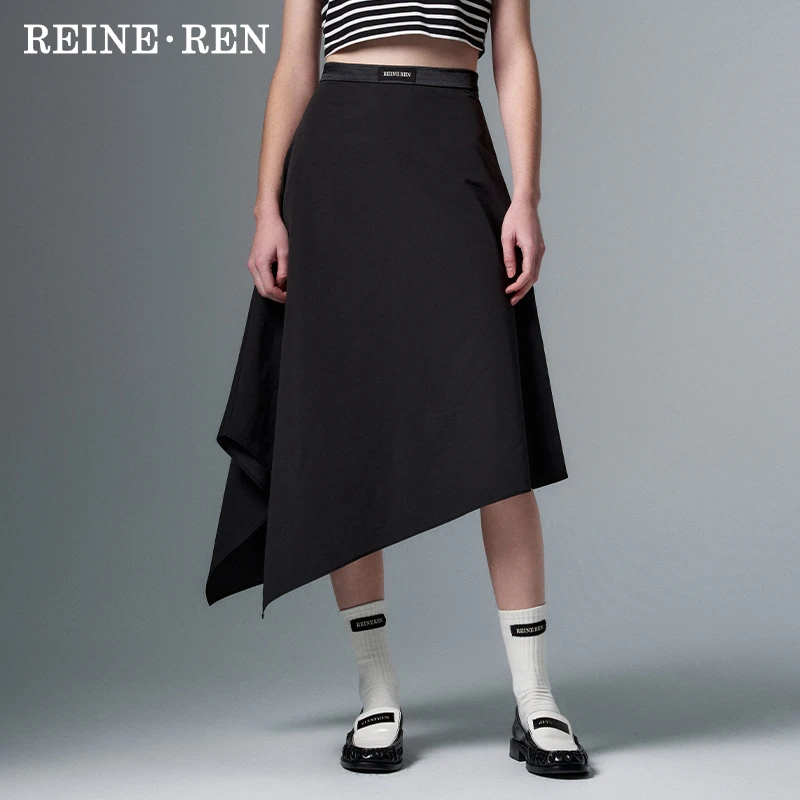 REINEREN设计师任茜2024春夏款黑色不规则下摆A型裙休闲半身裙