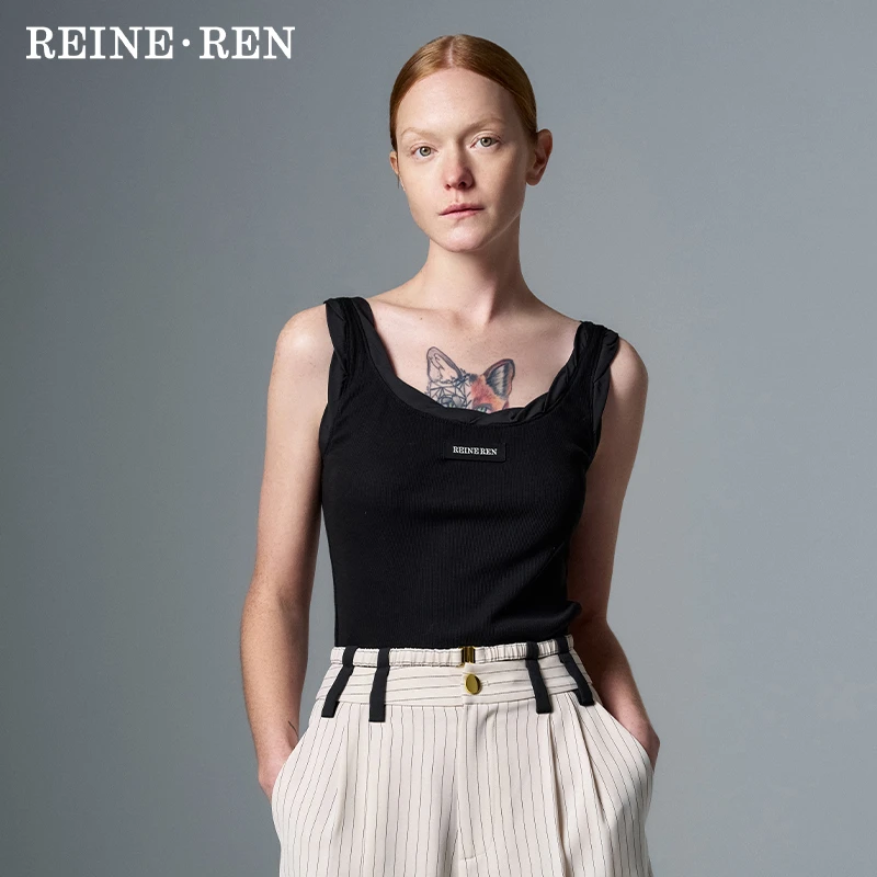 REINEREN设计师任茜春夏款黑色修身大U领纽结无袖背心