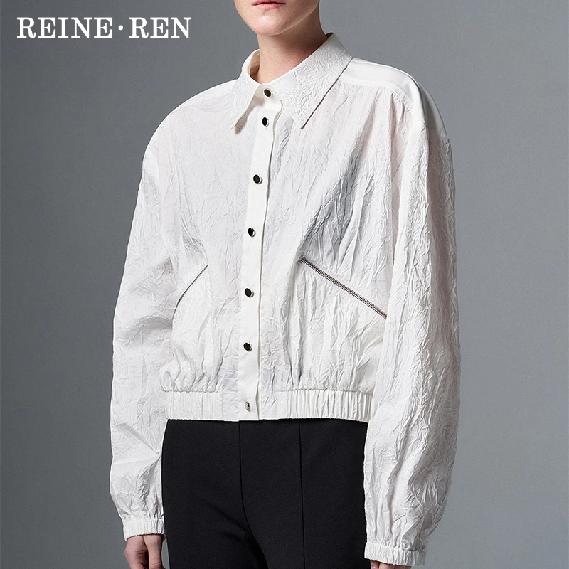 REINEREN设计师任茜春夏新款白色棉质褶皱肌理感夹克式衬衫