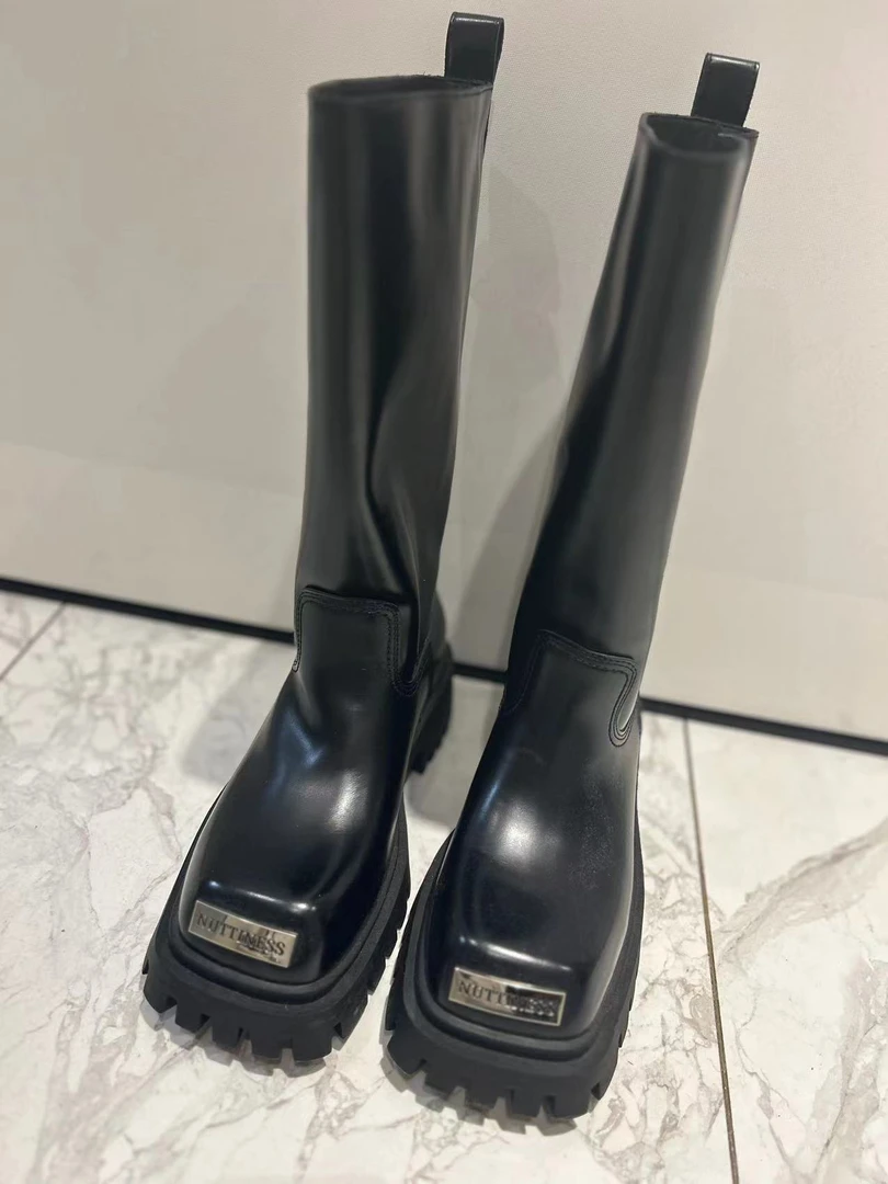 真皮擦色金属片厚底高筒靴显瘦百搭骑士靴女秋海嘿儿