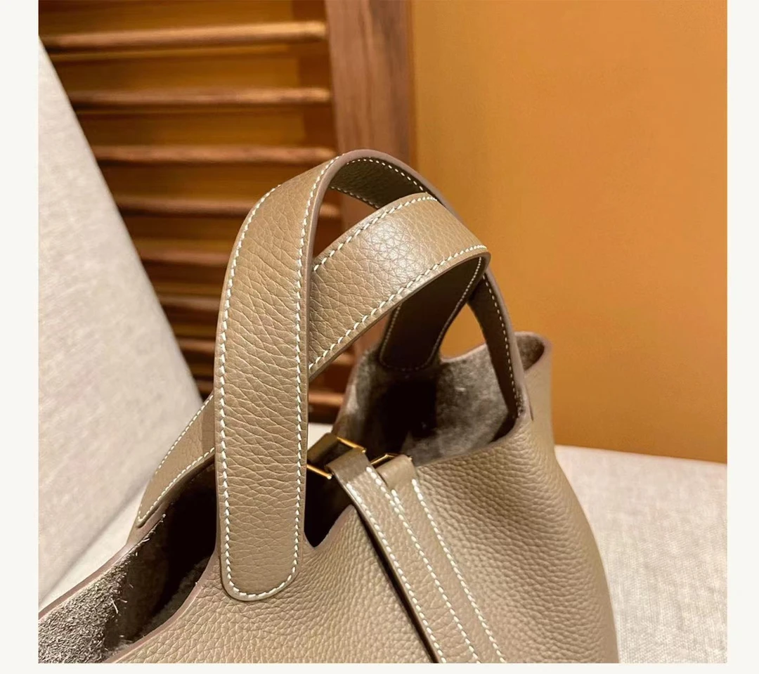 h家菜篮子包手工蜡线手提包TC牛皮荔枝纹水桶包锁扣大容量真皮女