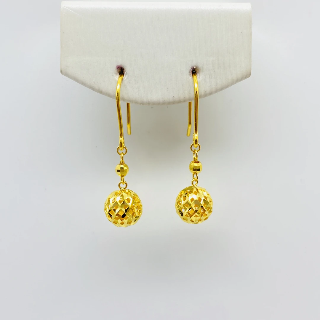 老庙黄金 足金 精工5G工艺 镂空球球 耳钩 货号2.53