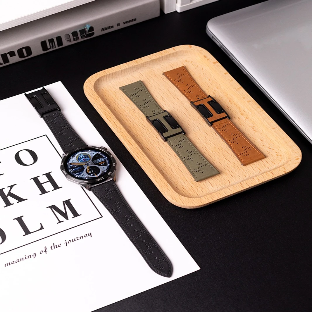 适用华米AmazfitActive/BIP/GTS/GTR/POP系列真皮H扣磁吸表带透气