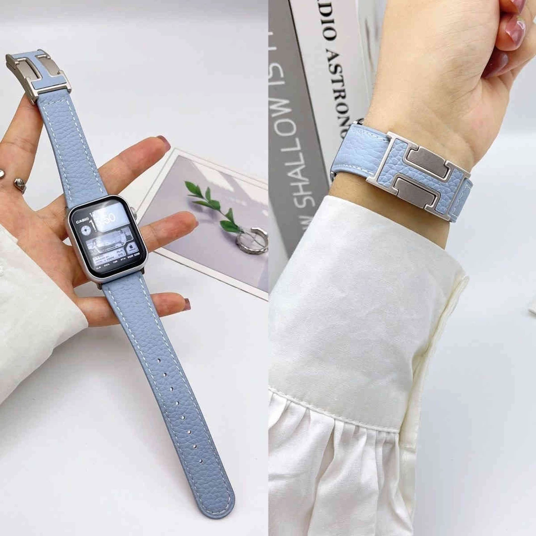 适用苹果Apple watch S10/9/8/Ultra高级感真皮荔枝纹H扣磁吸表带