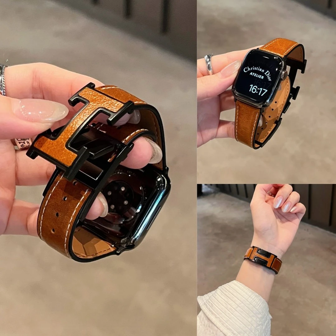 适用苹果Apple watch ultra2爆裂纹S9真皮H扣磁吸表带ins风876543
