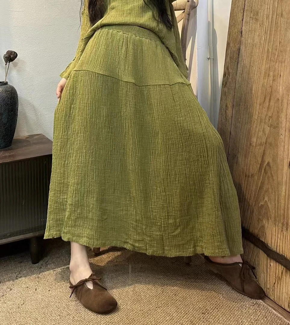 新款复古小众文艺简约风褶皱麻松紧腰春夏半身裙女