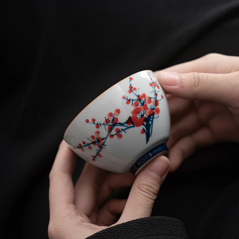 雍南纯手绘梅花主人杯老陶泥茶杯家用陶瓷功夫茶具复古喝茶杯子