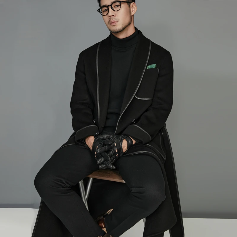 【轻奢睡袍款双面尼拼羊皮】男士秋冬新款羊毛毛呢大衣中长款黑色