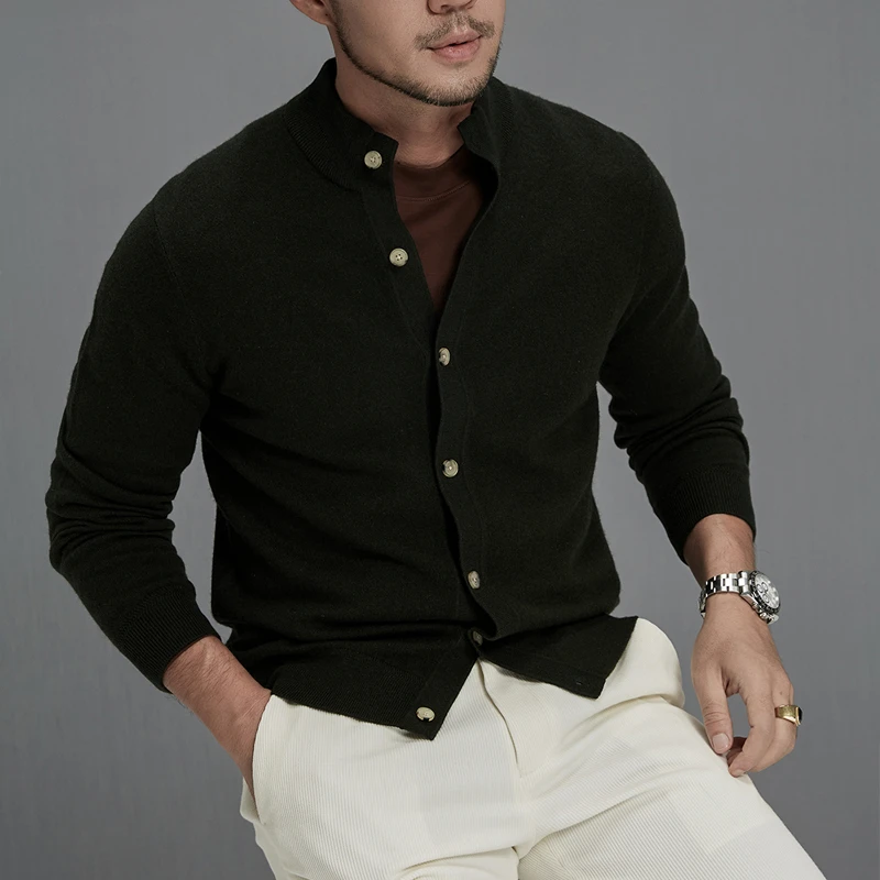 【含羊绒白牛角扣】秋冬立领单排扣羊毛开衫外套男士衬衫针织外套