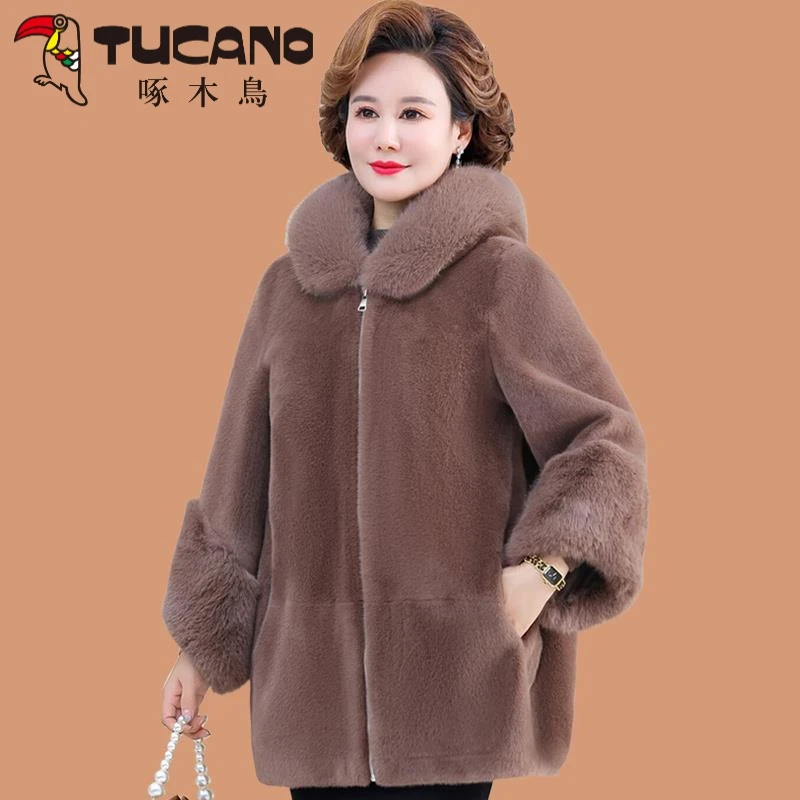 啄木鳥中年妈妈冬装水仿貂绒外套中长款中老年女秋冬高贵皮母亲节