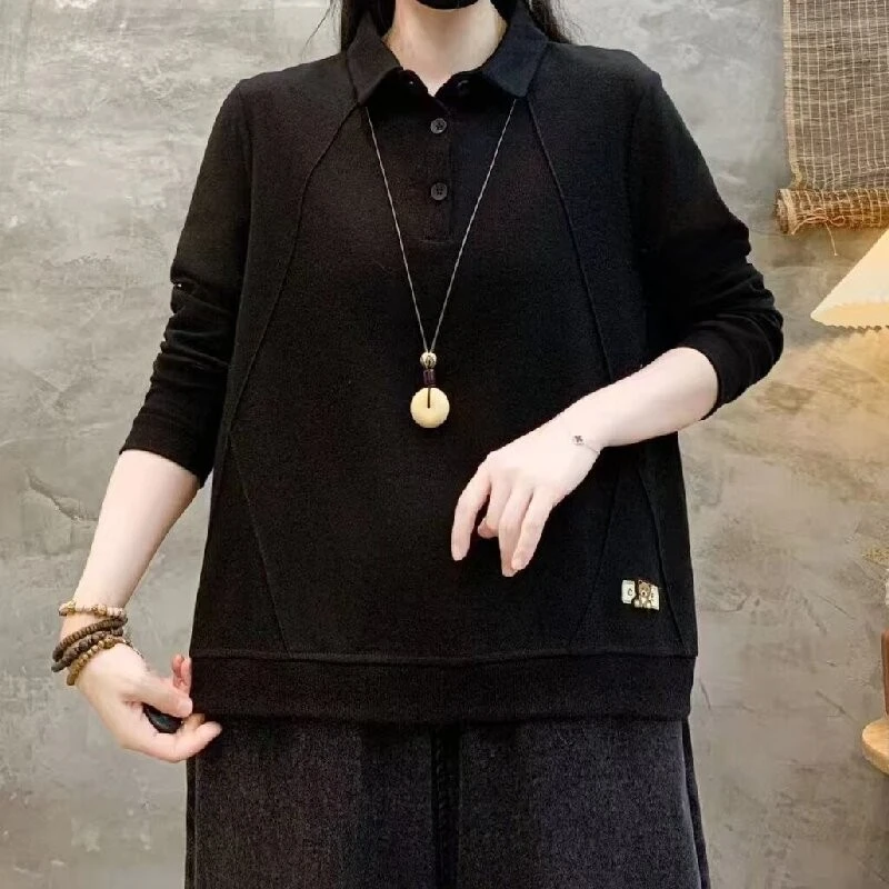 2024春秋新款休闲宽松翻领卫衣时尚气质显瘦百搭妈妈装长袖女上衣