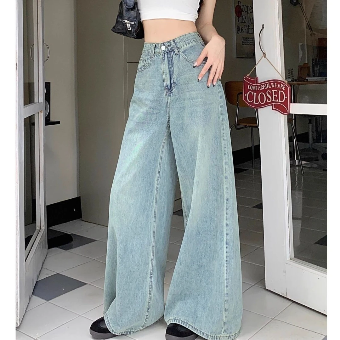 美式复古高腰垂感牛仔裤女新款设计感小众宽松拖地喇叭裤裙